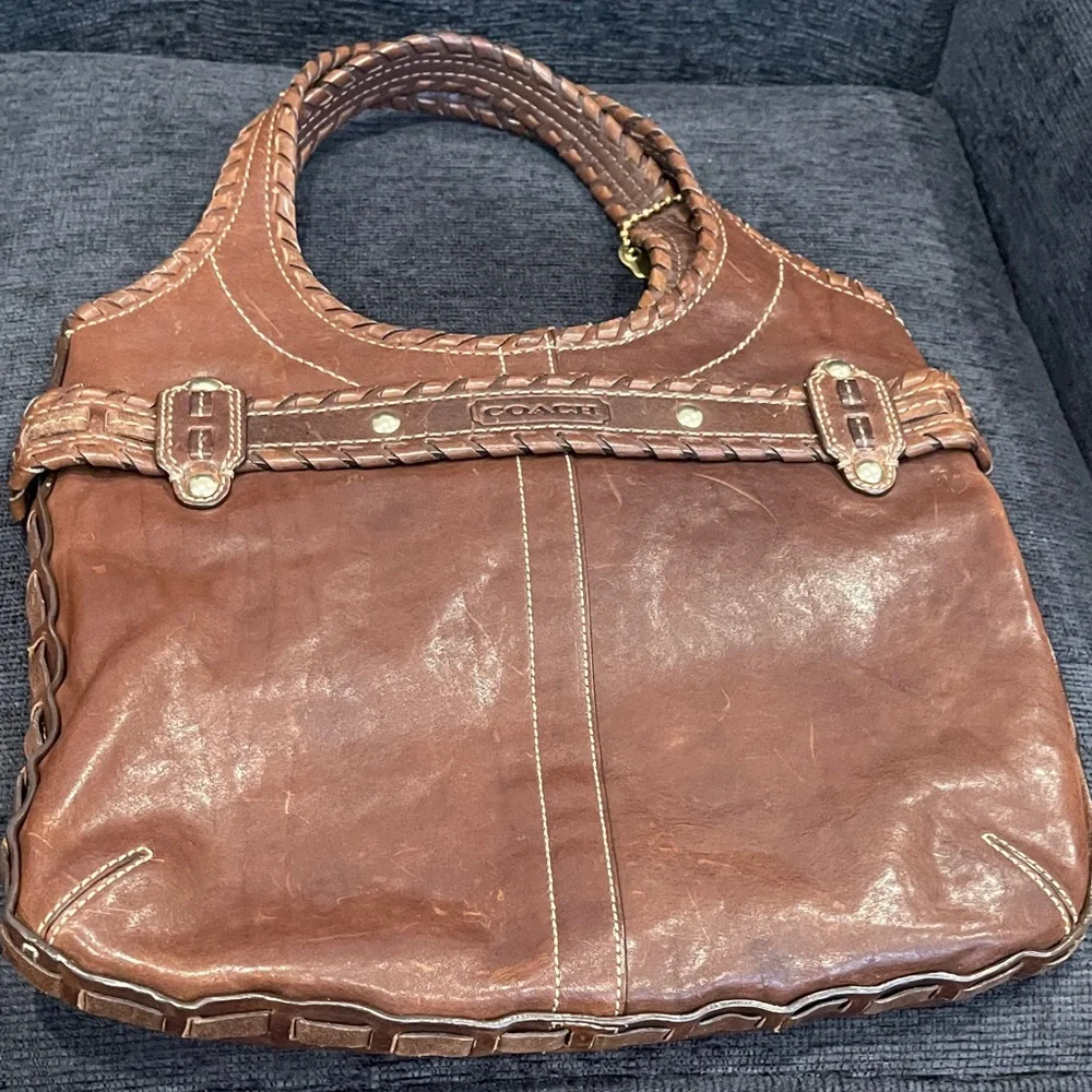 Coach Brown Braided Leather Shoulder Tote with Horsebit Accent - Picture 5 of 13